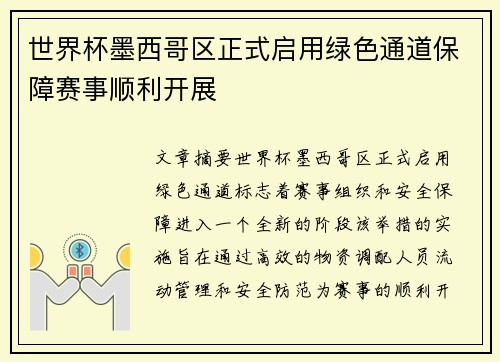 世界杯墨西哥区正式启用绿色通道保障赛事顺利开展