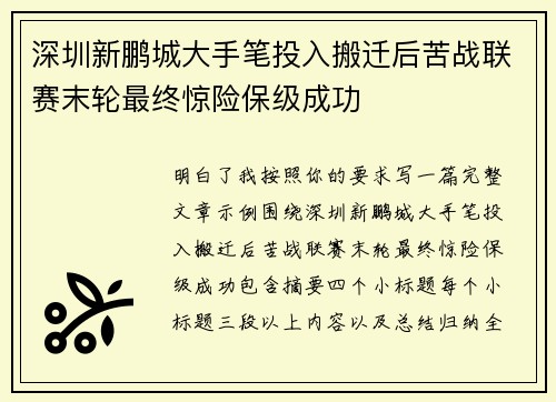 深圳新鹏城大手笔投入搬迁后苦战联赛末轮最终惊险保级成功